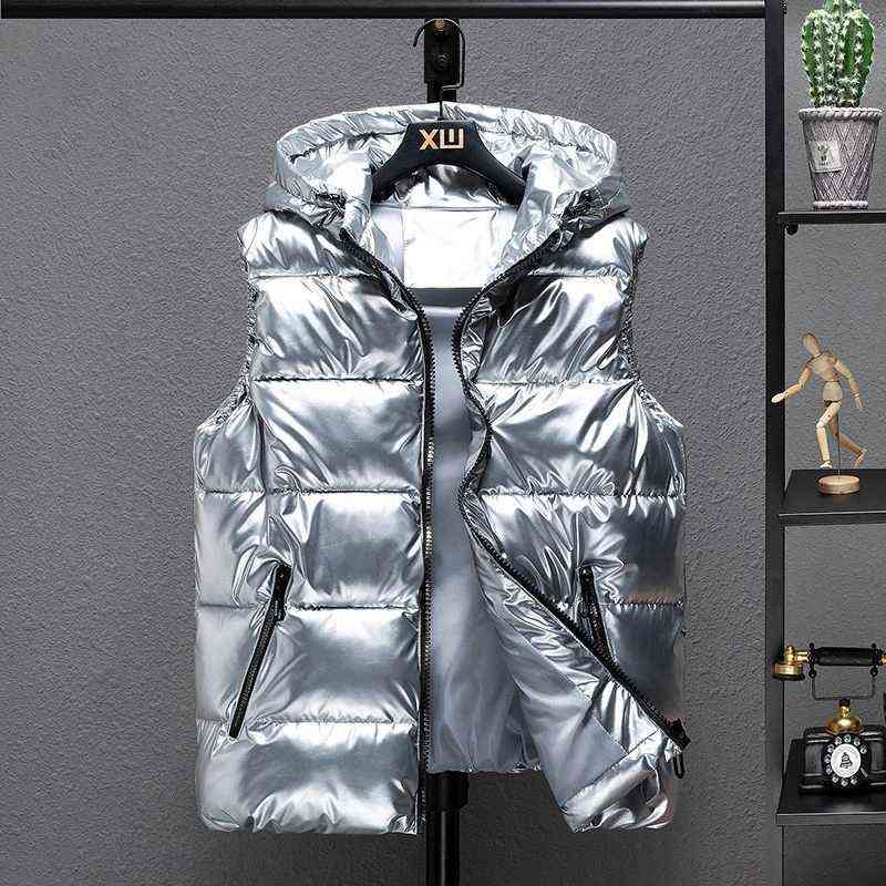 Men Winter Bright Vests Hooded Thick Vest Waterproof Cotton Padded Sleeveless Coat Men Waterproof Thick Waistcoat M-5XL 211119