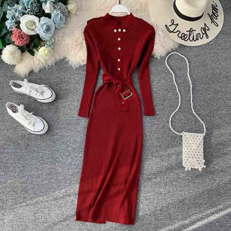 Vintage Slim Button Autumn Winter Knitted Dress Women Casual Long Sleeve Belt Bottoming Sweater Dress Party Bodycon Vestidos 210521