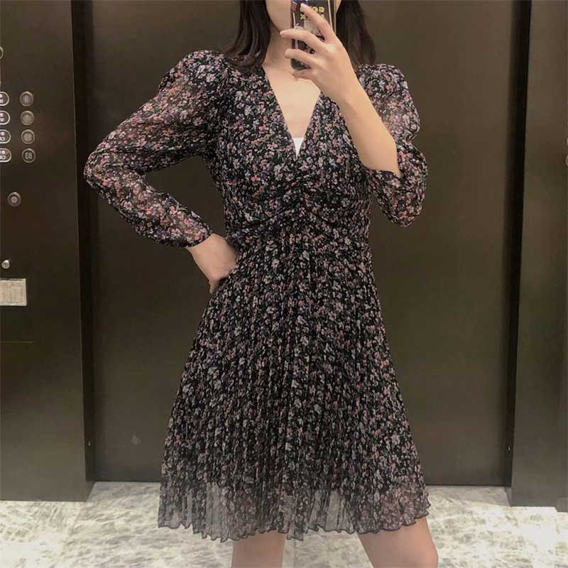 Elegant Women Floral Print Dresses Fashion Ladies Chiffon Pleated Mini Dress Streetwear Female Chic V-Neck Draped Vestidos 210527
