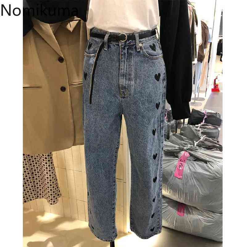 Nomikuma Autumn New Women Jeans Pants Korean Love Heart Printed Long Trousers Causal High Wiast Straight Demin Pants 6C597 210427