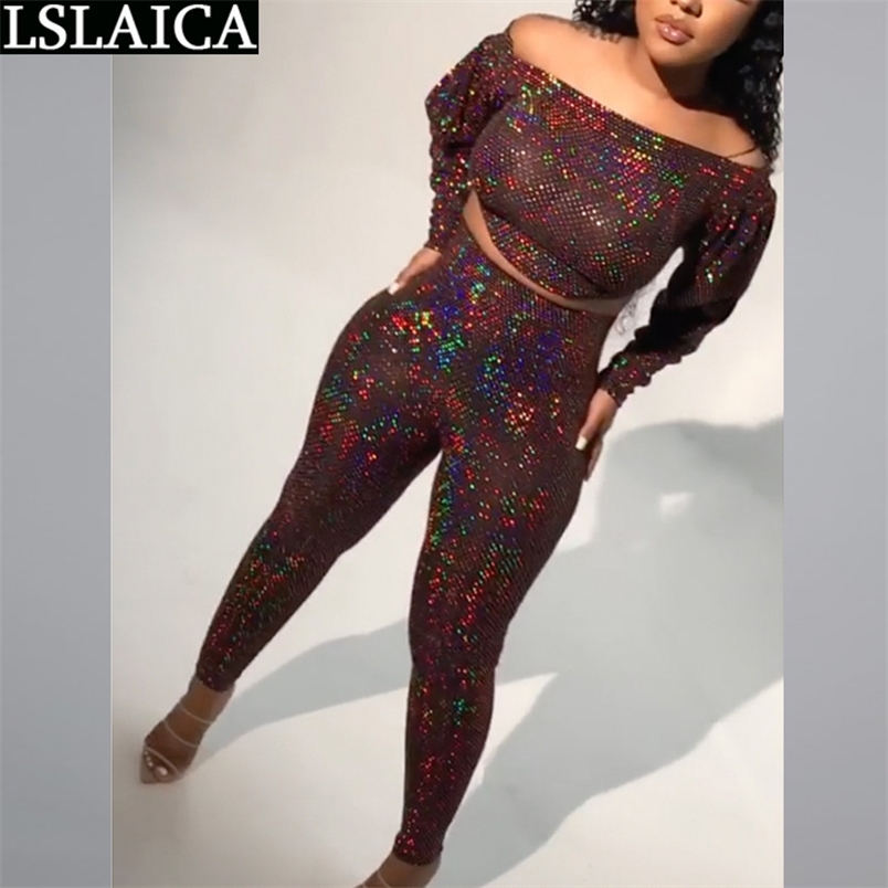 Women Clothes Fashion Skinny Sexy Clubwear Outfits One Shoulder Short Long Sleeved Top Casual Trousers Two Piece Female 210515