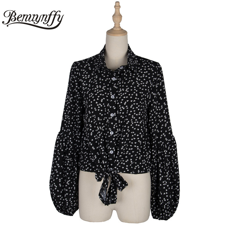 Casual Print Knot Hem Button Up Shirt Women Autumn Lapel Long Sleeve Female Blouses Fashion Streetwear Short Tops 210510