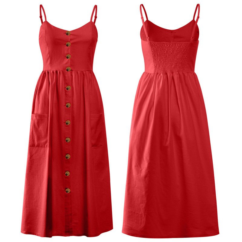 Holiday Beach Party Strap Midi Summer Dress Sexy Button Pocket Tunic Dot Floral Striped Print Female Vintage Dresses Vestidos 210409