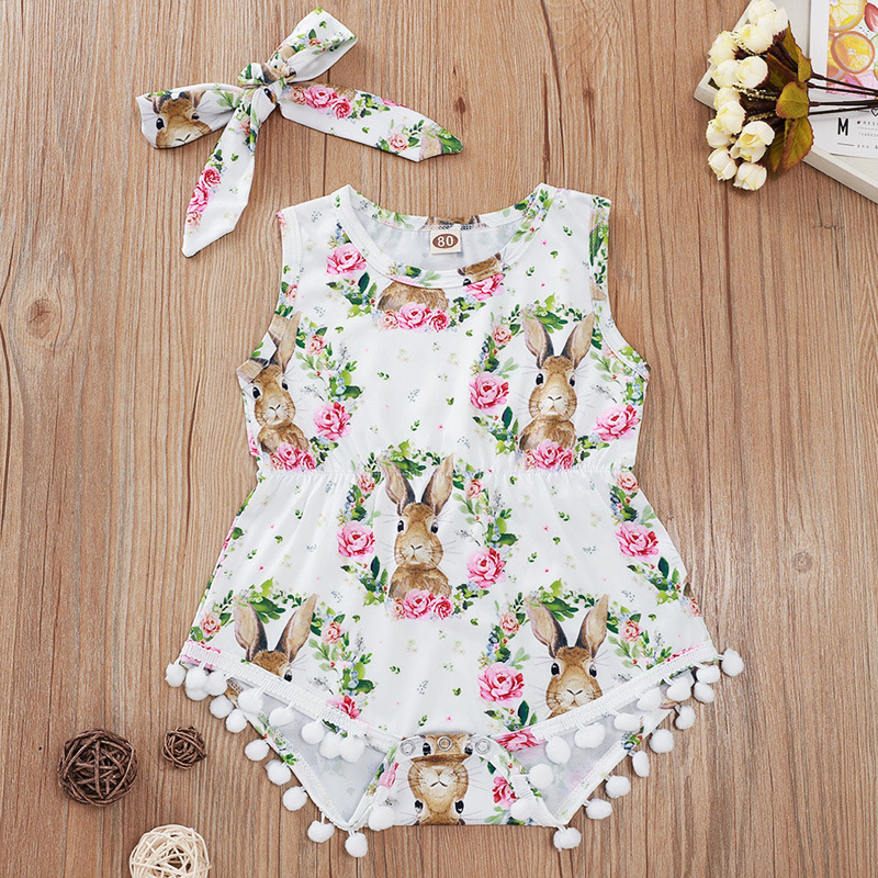 Summer Baby Girls Clothes Sets Fashion Girl Outfits 2pcs Rabbit Garland Printed Sleeveless Easter Ball Border Haka Tiara Child Crawling Suit Kids Clot