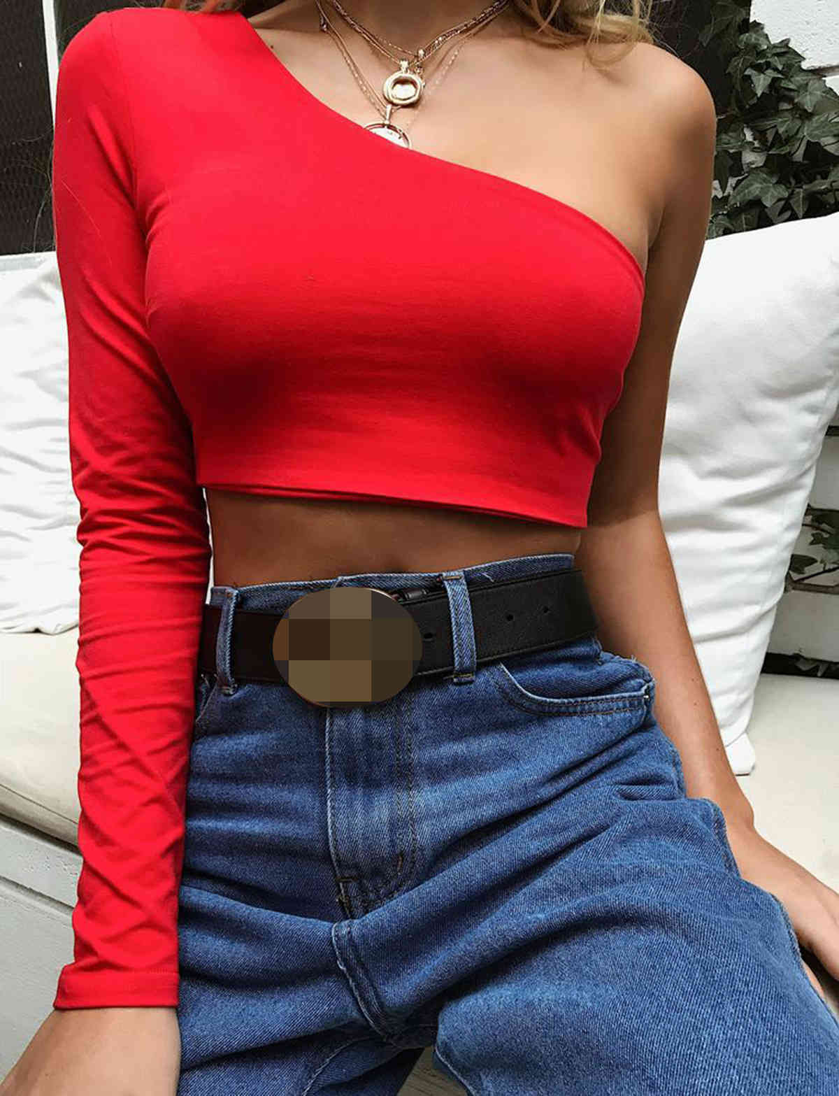 Women's T-Shirt 041428 Off One Shoulder Slim Short T-shirt Long Sleeve Oblique Collar Sexy Crop Top Solid Casual Tshirt Tops 0T6K