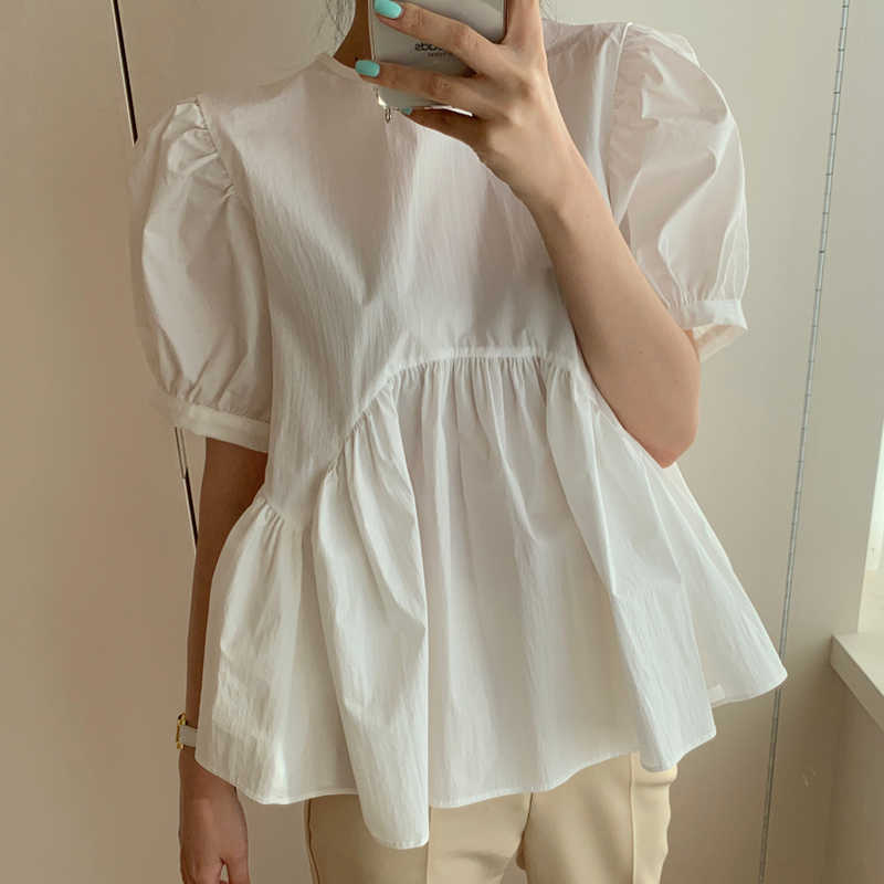 Korejpaa Women Shirt Summer Korean Chic Ladies Niche Versatile Round-Neck Back Hollowed-Out Wide Loose Puff Sleeve Blouses 210526