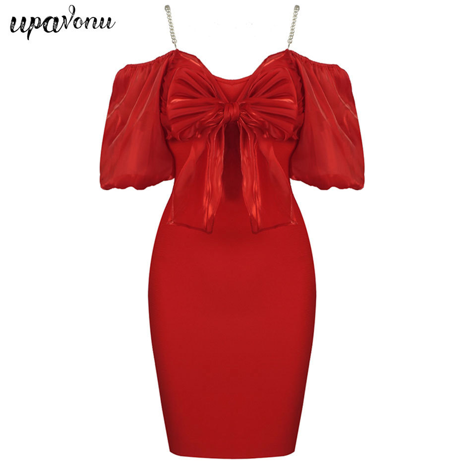 Free Women's Satin Patchwork Bandage Dress Sexy Knit Strap Bowknot Lantern Sleeve Bodycon Club Party Dresses 210524