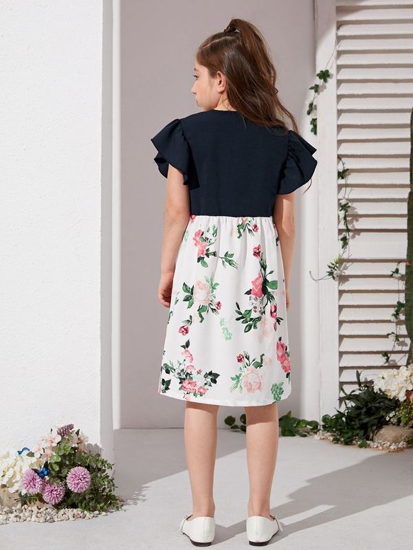 Girls Floral Print Ruffle Trim Dress SHE