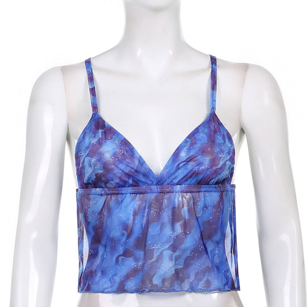 Women Summer Sexy Y2K Streetwear Printing Hit Color Deep V-Neck Backless Tank Tops Bandage Party Club Wave Cut 210428