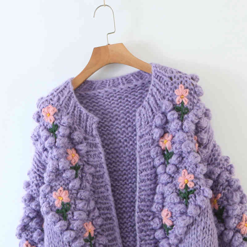 High Quality Heavy Handmade Crochet Knitted Cardigan Purple O Neck Puff Sleeve Sweater Jacket Embroidery Jacquard Jumpers Korea 210429