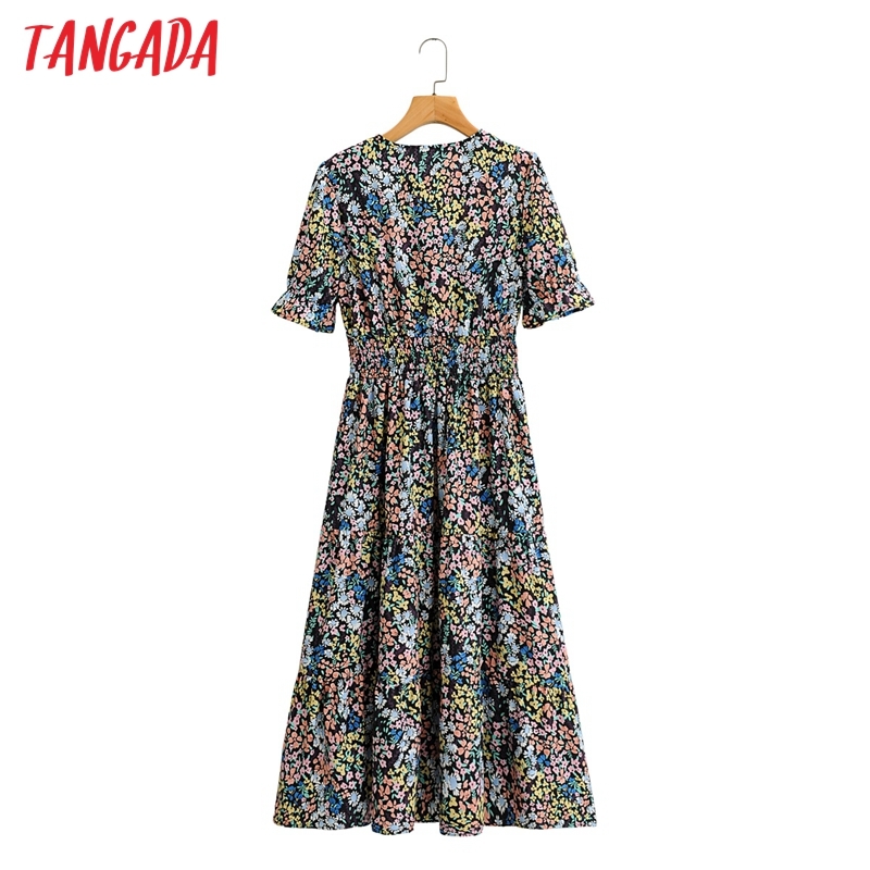 Women Green Flowers Print Chiffon V Neck Short Sleeve Ladies Vintage Dress Vestidos 1F175 210416