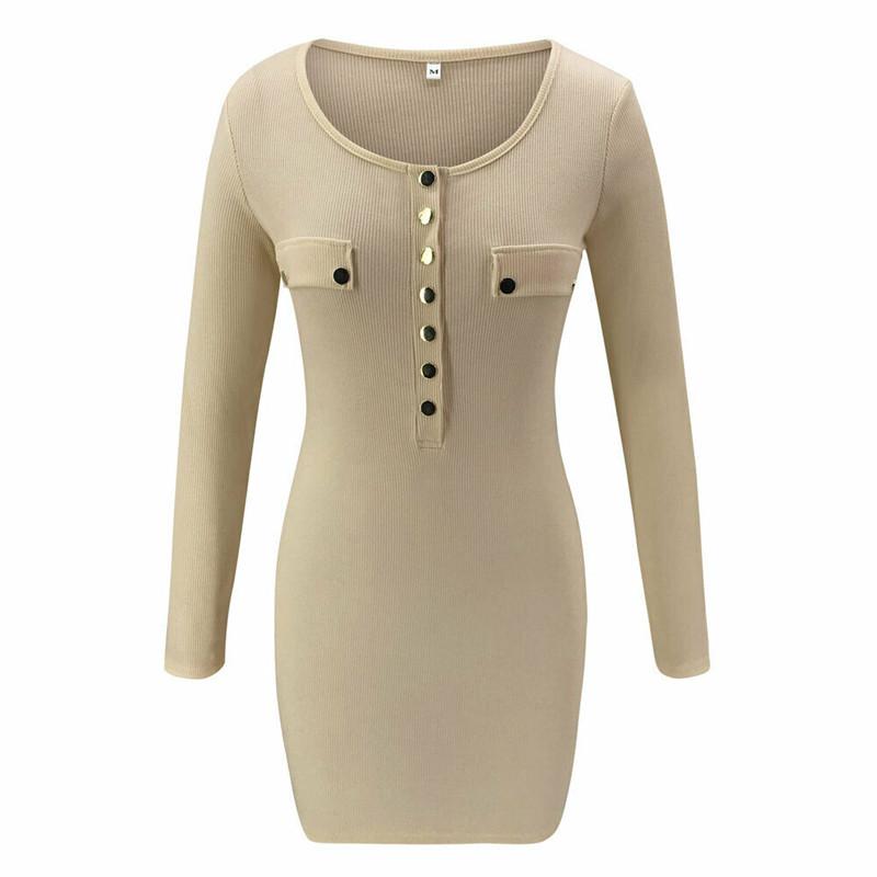 Women Ladies Buttons Solid Color Bandage Bodycon Mini Dress Sexy Stretch Vestidos Long Sleeve Pencil Party Club Clothing Outfits Casual Dres