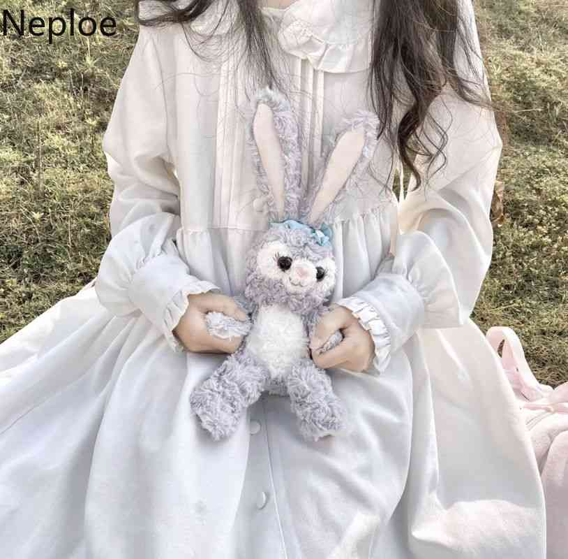 Neploe Japanese White Lolita Dress Women Peter Pan Collar Sweet Kawaii Vestidos Mujer Lantern Long Sleeve Loose Cute Dresses 210422