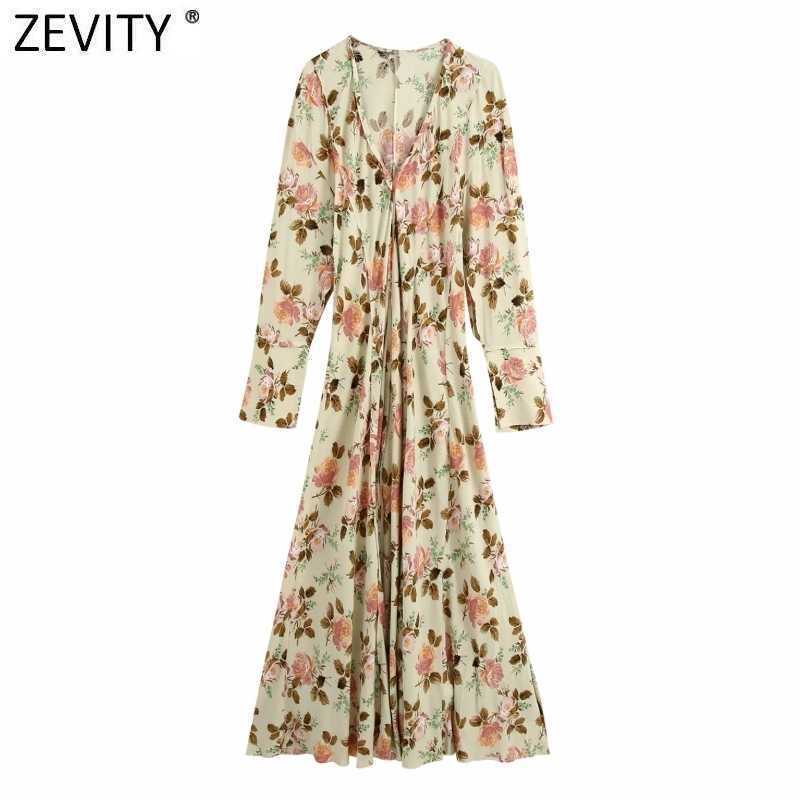 

Zevity Women Vintage V Neck Tropical Leaves Print Casual Loose Midi Dress Female Chic Hole Party Vestido Clothes DS4933 210603, As pic ds4933bb