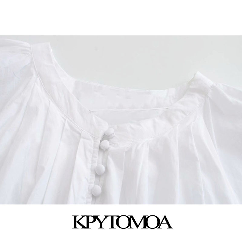 KPYTOMOA Women Fashion With Covered Buttons Cropped Blouses Vintage O Neck Lantern Sleeve Female Shirts Chic Tops 210401