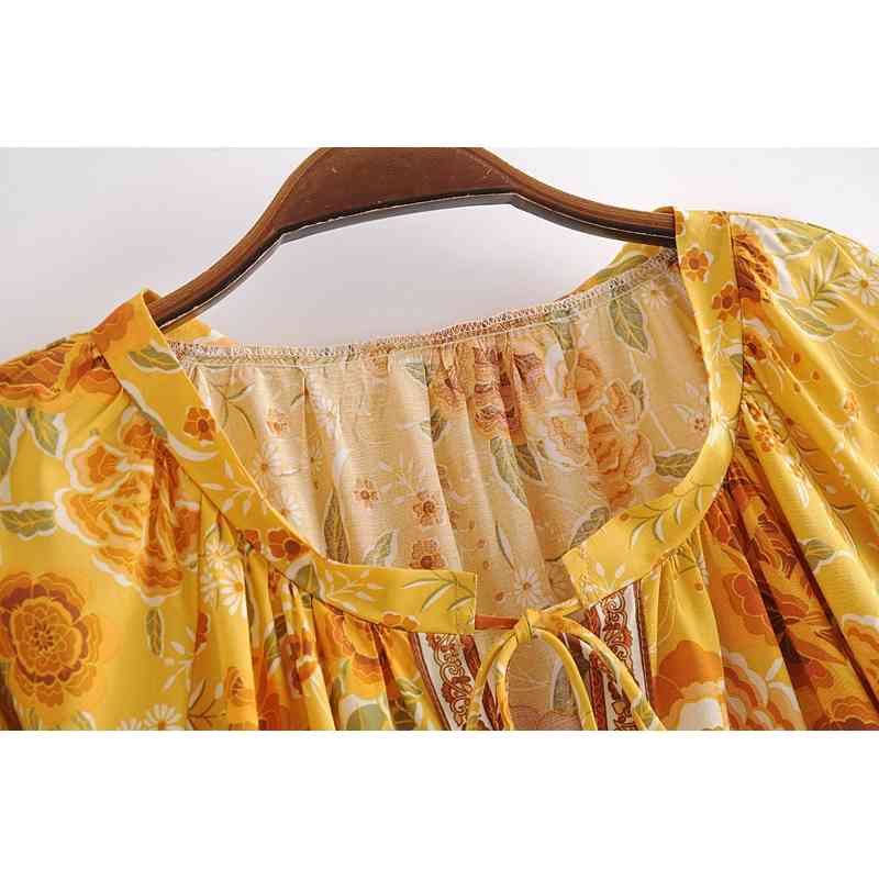 Bohemia Bandage Lacing up V Neck Floral Print Long Sleeve BOHO Dress Hippie Women Loose Straight Short Dresses Holiday Gold 210429