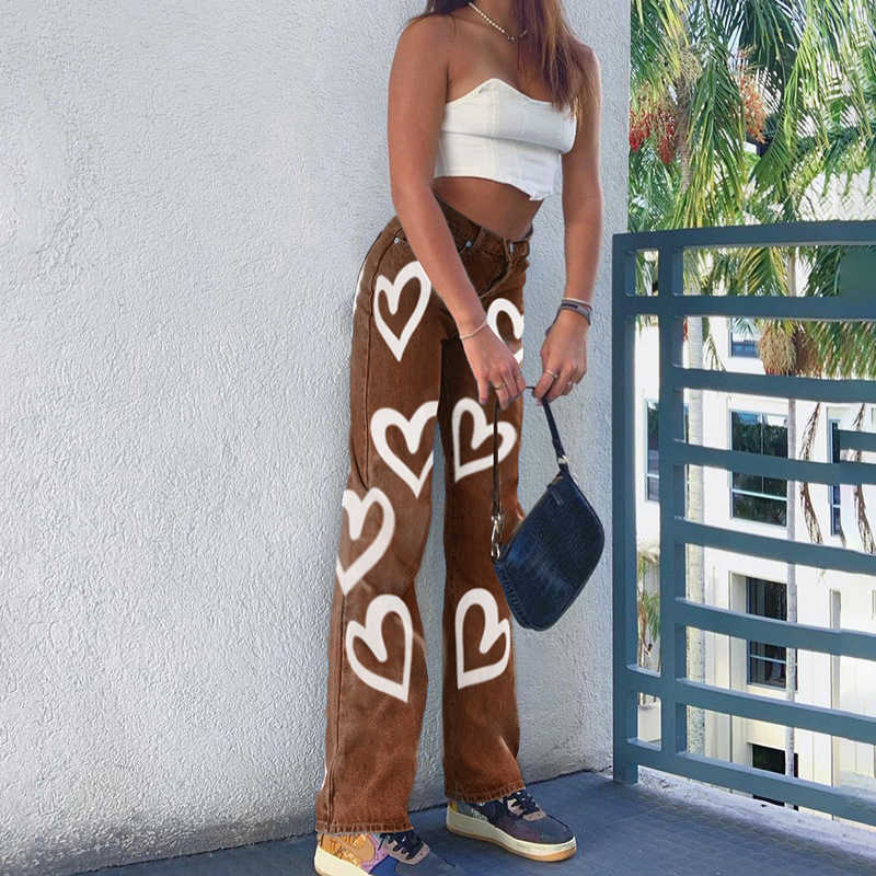 Casual Printed Heart Straight Slim Jeans Vintage High Waist Trousers Women Fashion Denim Pants Vaqueros Mujer Streetwear 210922