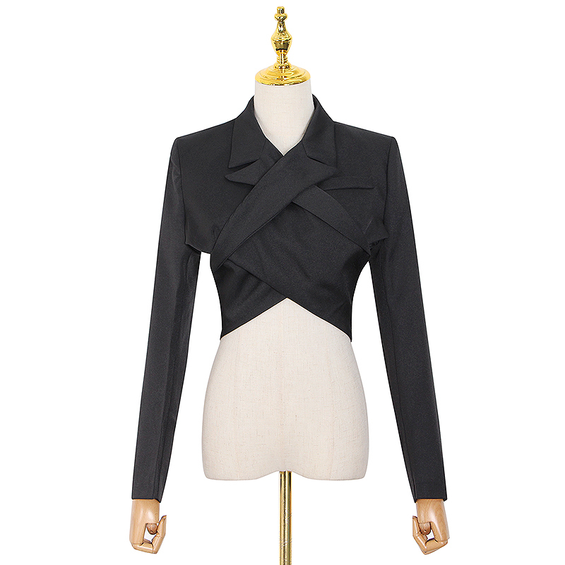 Sexy Black Cross Blazer For Women V Neck Long Sleeve Backless Short Tops Female Autumn Fashion Clothing 210524
