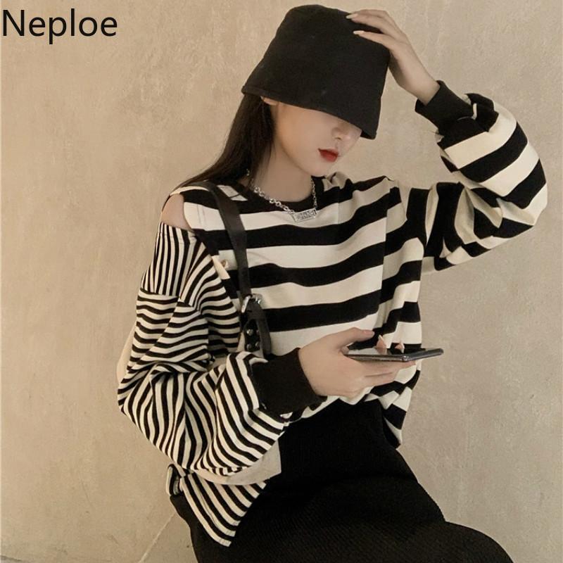 Neploe Woman Sweater Autumn Winter Clothes Sexy Off Shoulder Striped Knitted Pullovers Loose Casual Jumper Korean Sueter Coat 210422