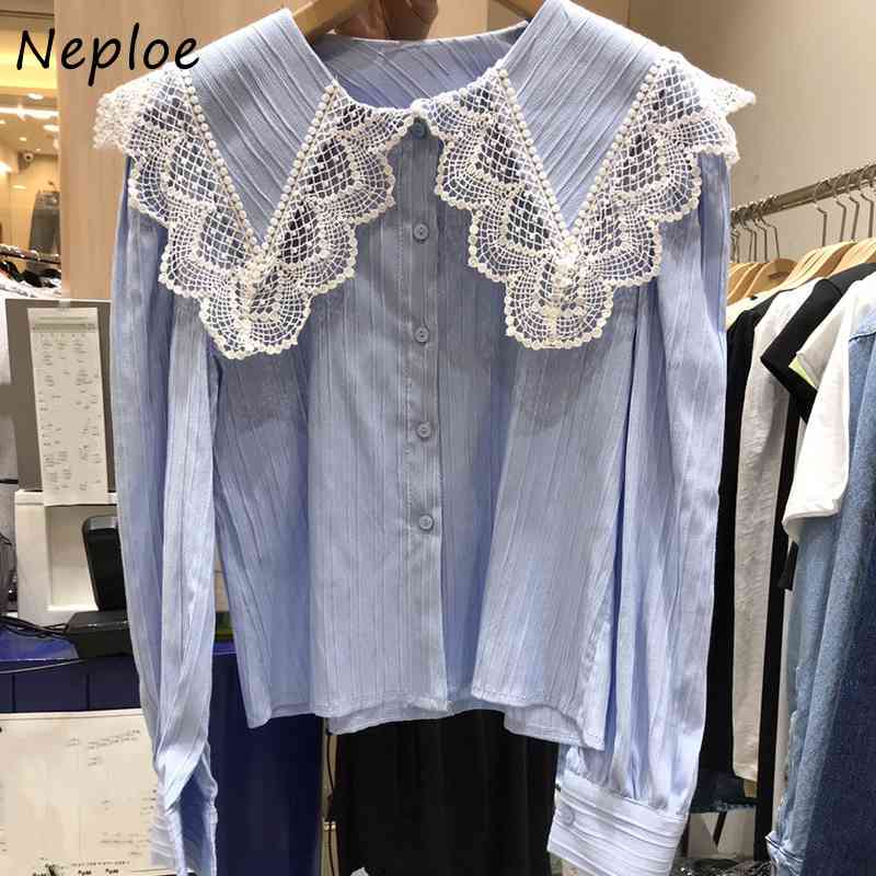 Elegant Lace Patch Hook Flower Blouse Women Peter Pan Collar Long Sleeve Single Breast Blusas Spring Ol Loose Shirt 210422