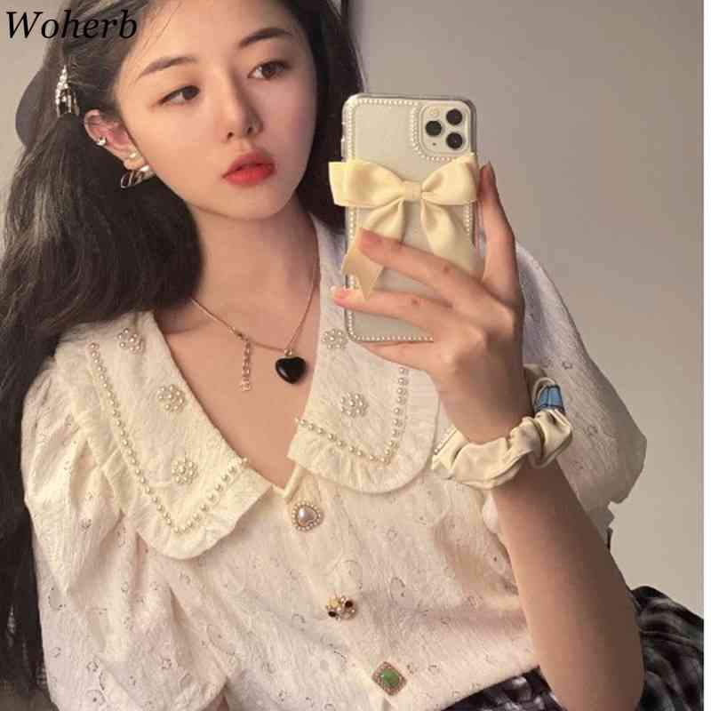 Korean Vintage Women Blouses Shirt Summer Puff Sleeve Single Breasted Tops Elegant Ladies Fashion Blusas Mujer 210519