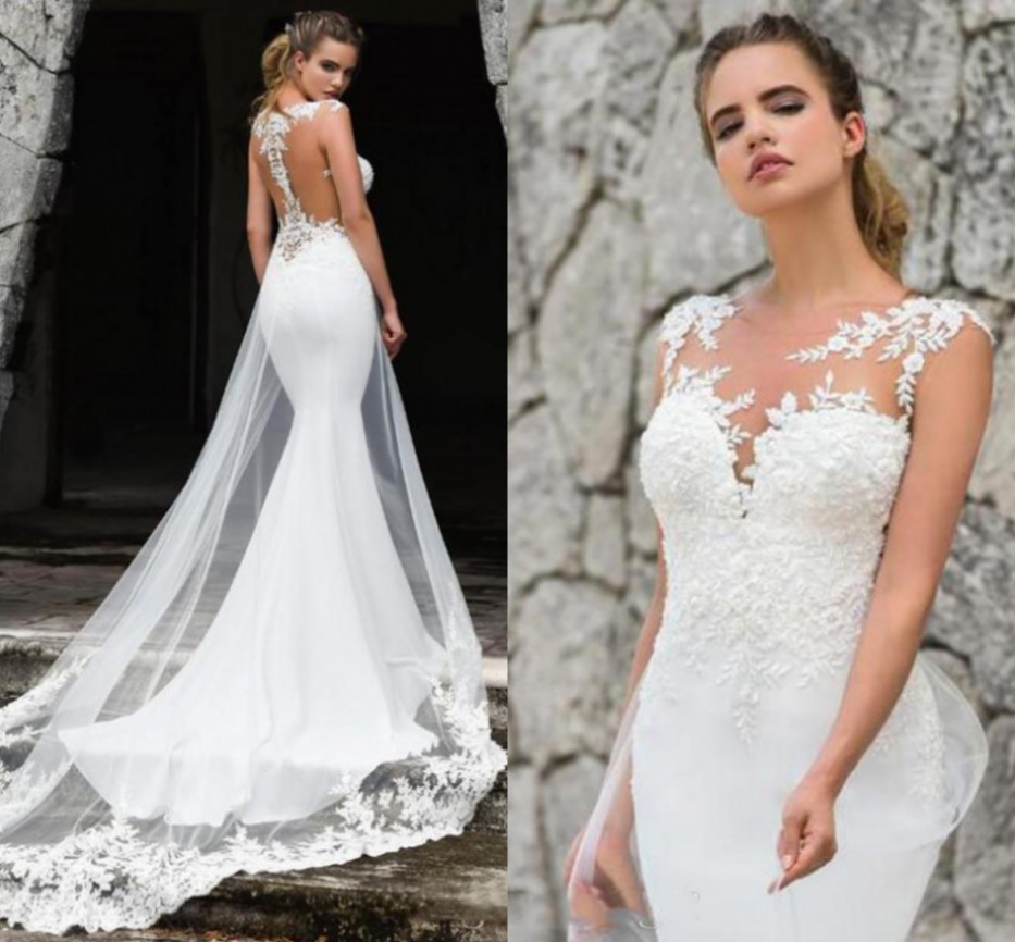 2022 Elegant Satin Wedding Dress White Mermaid Women Illusion Lace Appliques Plus Size vestidos de Noiva Boho Beach Grows Bridal Gowns Robe Mariée