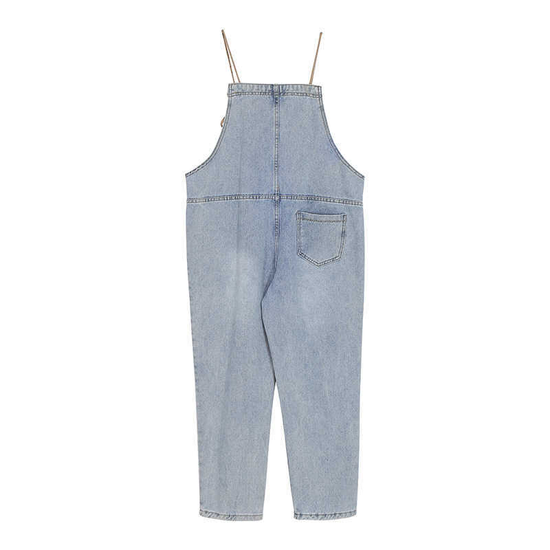 Fresh High Waist Bandage Denim Overalls for Women Loose Casual Stright Silm Belt Jeans Fashion All-match Pants Summer 210525