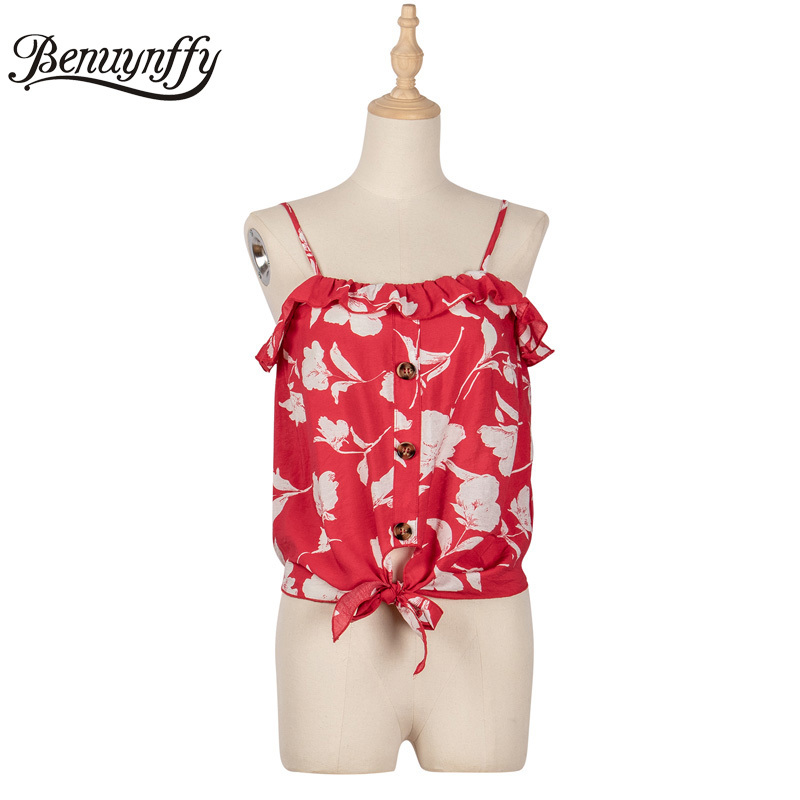 Button Front Ruffle Cami Top Women Summer Boho Holiday Style Print Sleeveless Tie Hem Tops Clothes for 210510