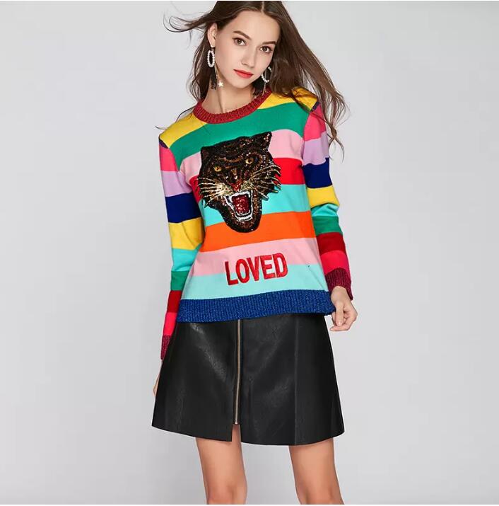 Women Rainbow Pullovers Sweaters Femme Round Neck Emboridery Tiger LOVED Colourful Striped Long Sleeve Sweater Winter Knitted, White;black
Women Rainbow Pullovers Sweaters Femme Round Neck Emboridery Tiger LOVED Colourful Striped Long Sleeve Sweater Winter Knitted, White;black
