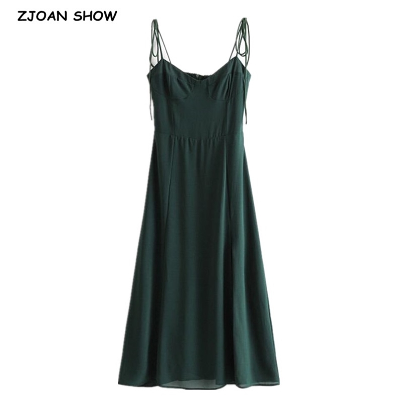 French Women Dress Solid Green Color Bandage Lacing up Spaghetti Strap Mid-Calf Slit Dresses Party Fashion Female Clothes 210429