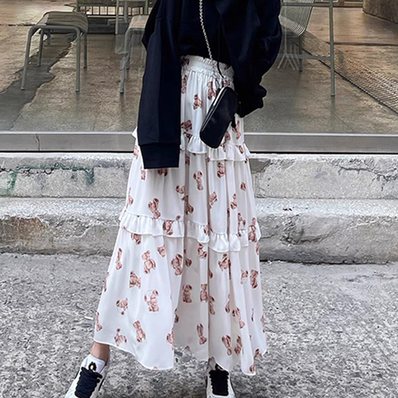 Nomikuma Chiffon Women Skirt Korean Cartoon Bear Printed Skirts Causal Ruffle Patchwork A-line Ankle-length Faldas Mujer 6G106 210427
