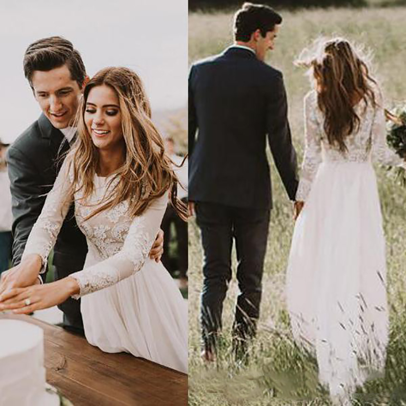 Bohemian Lace Wedding Dresses With Country Long Sleeves Floor Length A Line Lace Applique Chiffon Boho Bridal Gowns Cheap