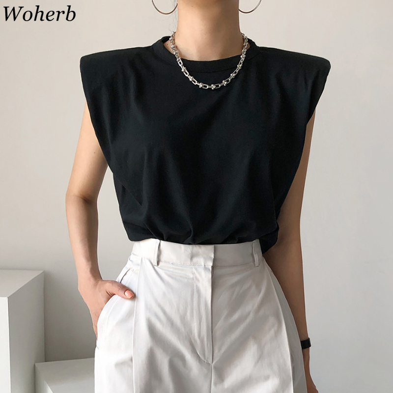 Women T Shirt Summer Korean Chic Shoulder Pads Flying Sleeve Tees Female Vintage Loose Black O Neck Slim Fit Tops 210519