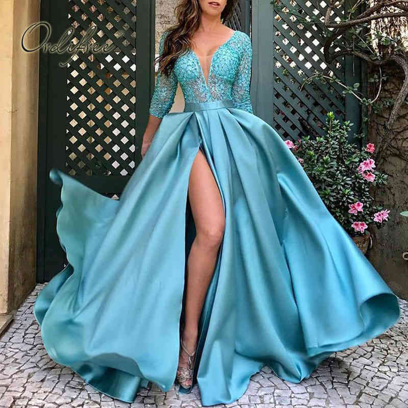 Spring Autumn Floor Length Long Party Elegant Lady Lace Sexy Split Satin Maxi Dress Plus Size S-5XL 210415 - view 5