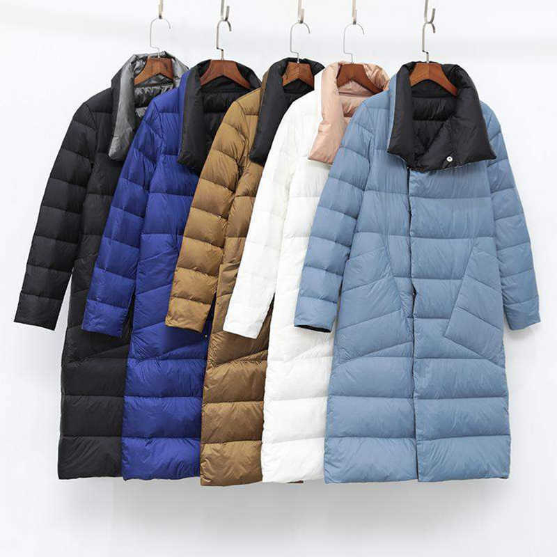 FTLZZ Plus Size 5XL Women Double Sided Down Long Jacket White Duck Down Coat Winter Double Breasted Warm Parkas Snow Outwear 210819