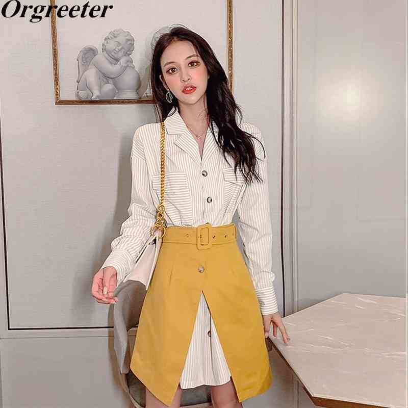 Women' Sets Long Sleeve Striped Shirt Dress High Waist Split Mini Skirt Fashion Two Piece Set Autumn 210525, White
Women' Sets Long Sleeve Striped Shirt Dress High Waist Split Mini Skirt Fashion Two Piece Set Autumn 210525, White