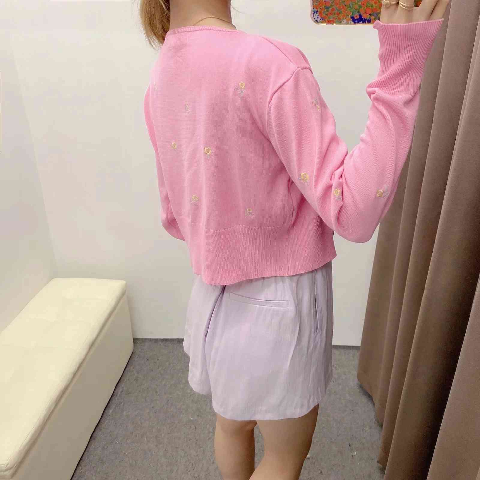 Sweet Pink Cropped Cardigan Sweater women crop sweater Vintage Floral Embroidery kntted autumn Korean chic top 210521