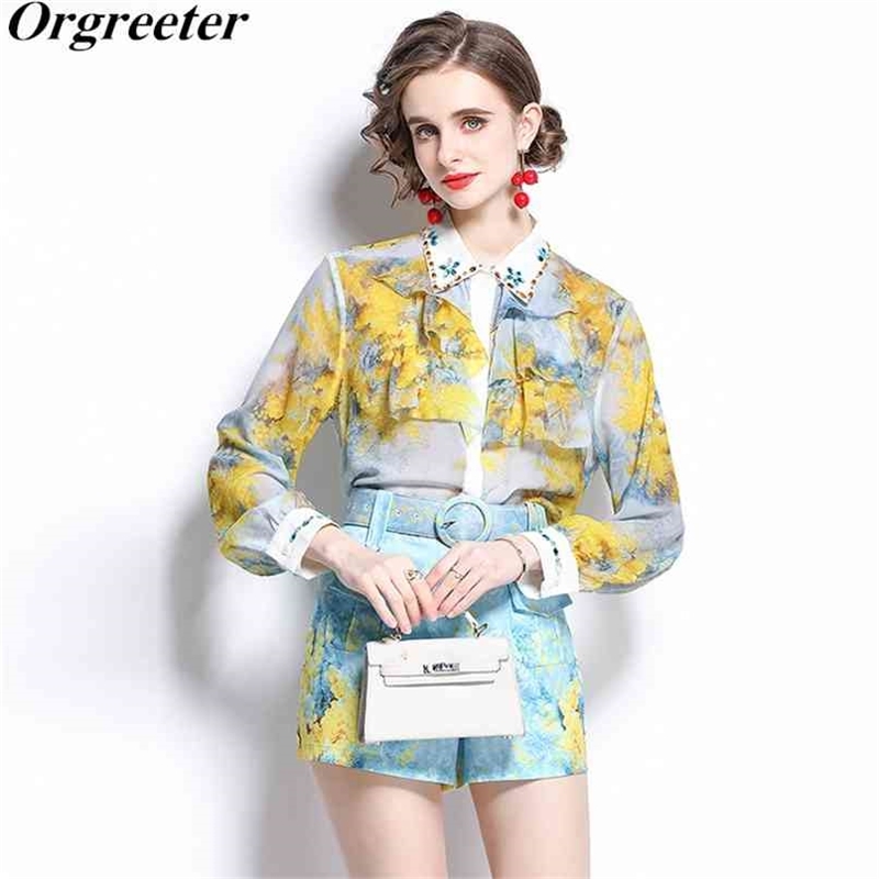 ummer Fall Runway Designer Diamond Beading Ruffles Long Lantern Sleeve Shirts + Pocket Shorts Two piece set With Belt 210602, Yellow
ummer Fall Runway Designer Diamond Beading Ruffles Long Lantern Sleeve Shirts + Pocket Shorts Two piece set With Belt 210602, Yellow