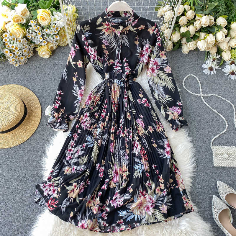 Holiday Women Fashion Autumn Dress Lady Stand Collar Thin Long Sleeve Pleated Printed Vestidos K597 210527