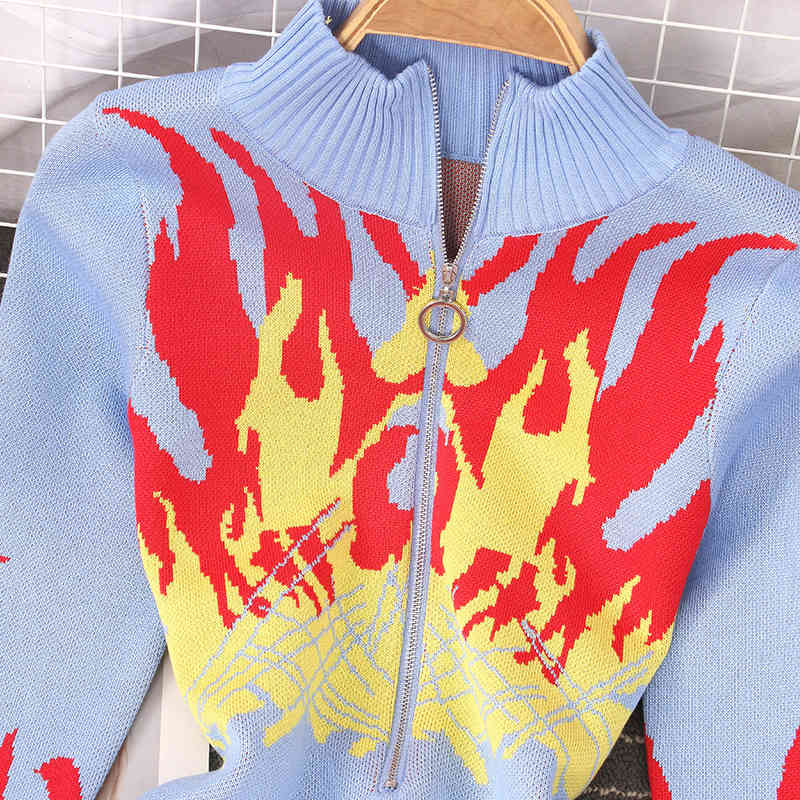 Spring Summer Knitted Long Sleeve Dress Harajuku Flame Print Zipper Stand Collar Ladies Casual Stretch Dresses 210519