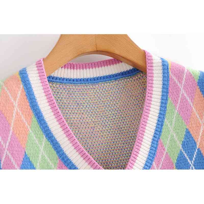 Preppy Style Pink Argyle Plaid Knitted Sweater Vest Women 90s Vintage Korean Clothing V Neck Tank Top Y2K Knitwear Sleeveless 210429