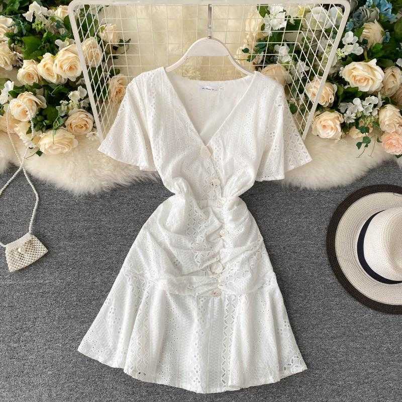 Purple Dress Female Clothing Women V-neck Breasted Slim Short Sleeve Elegant Vestidos M012 210527