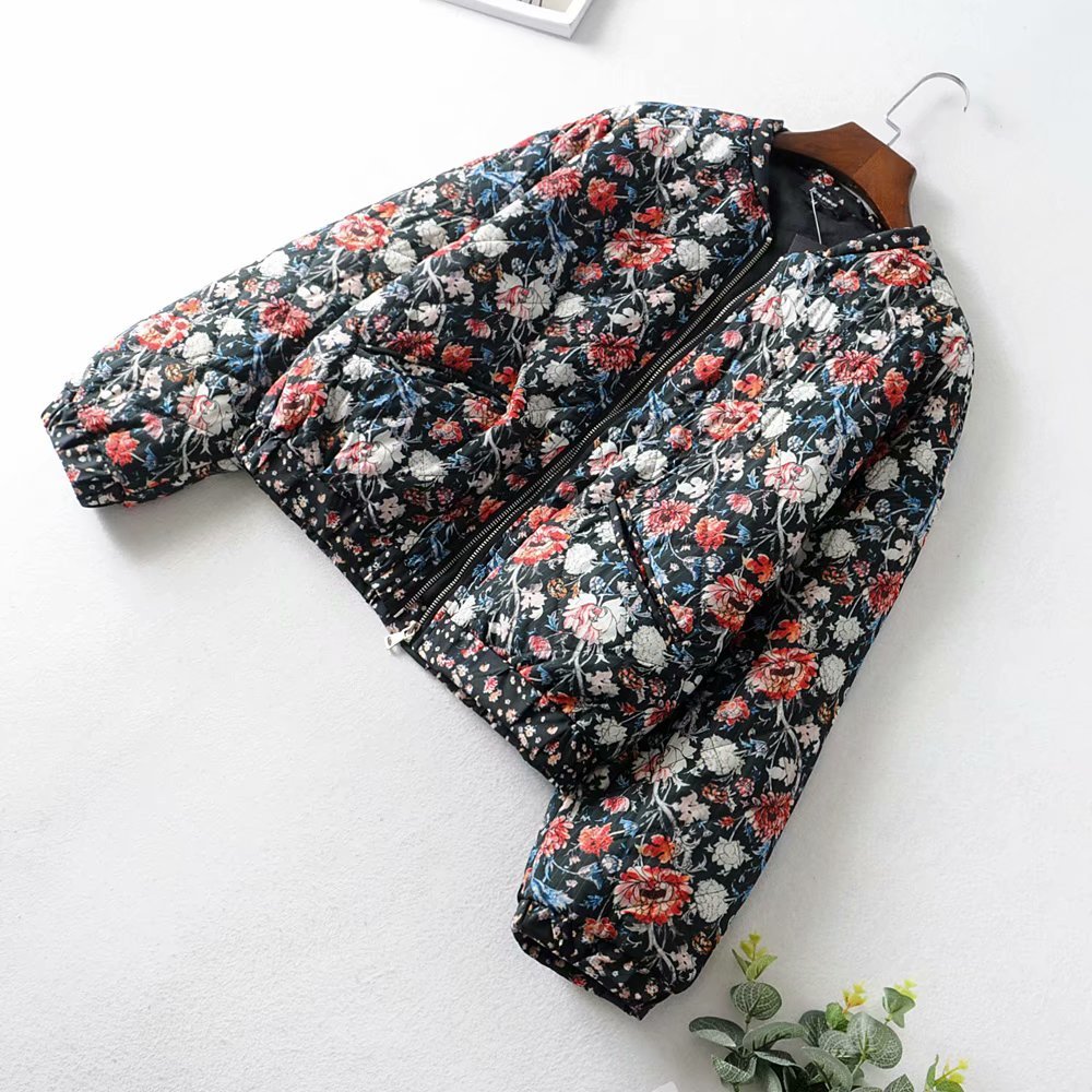 Vintage Chic Women Floral Print Parkas Fashion Autumn Female Bomber Jacket Zipper Stand Collar Casual Outerwear Streetwear 210520