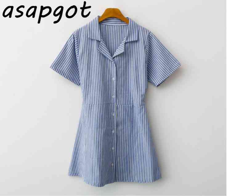 Casual Vintage Short Sleeve Blue Lapel Striped Shirts Dress Women Mini Preppy Style Student Summer Lace Up Vestido Mujer 210429