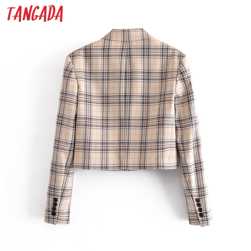 Women Fashion Plaid Print Crop Blazer Coat Vintage Long Sleeve Female Outerwear Chic Tops 3H267 210416