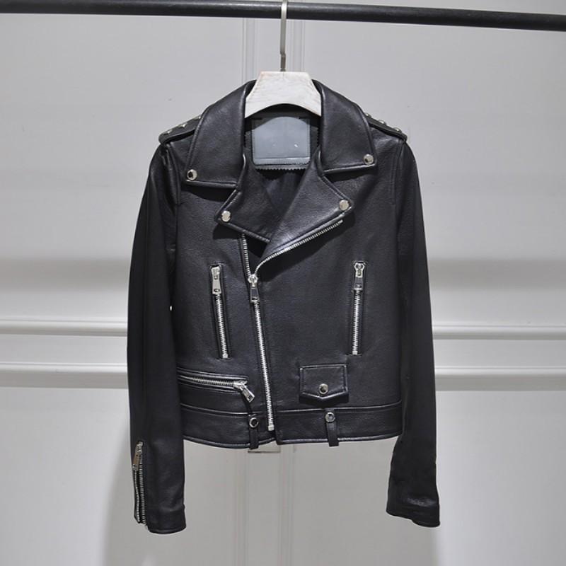 Outerwear Genuine Leather Women Lapel Zippers Love Rivet Motorcycle Jacket Office Lady Slim Sheepskin Short Coat Spring Autumn Women's & Fau