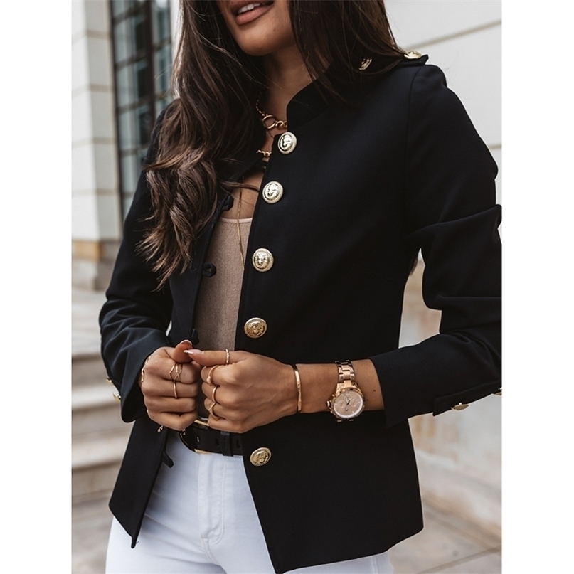 Vintage Blazer Women Office Jacket Streetwear Autumn Button Solid Color Elegant Long Sleeved Slim Breasted Small Outwear 211122