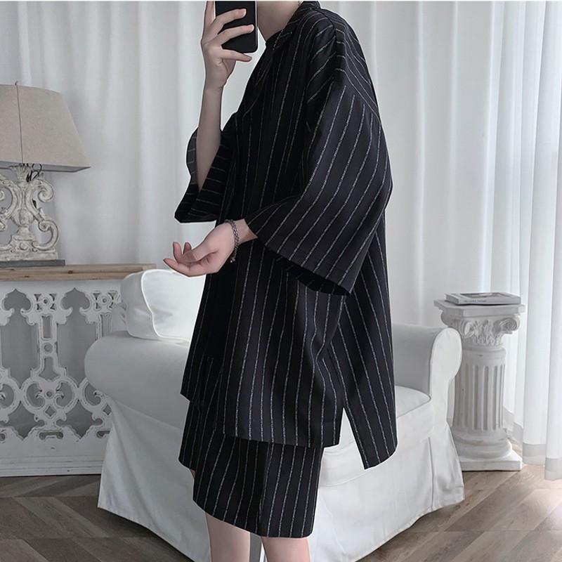 Summer Men Set Shirts And Shorts Lightweight Fabric Letter Striped Half Sleeve Elastic Knee-Length Baggy Oversize Clothing Men's Tracksuits