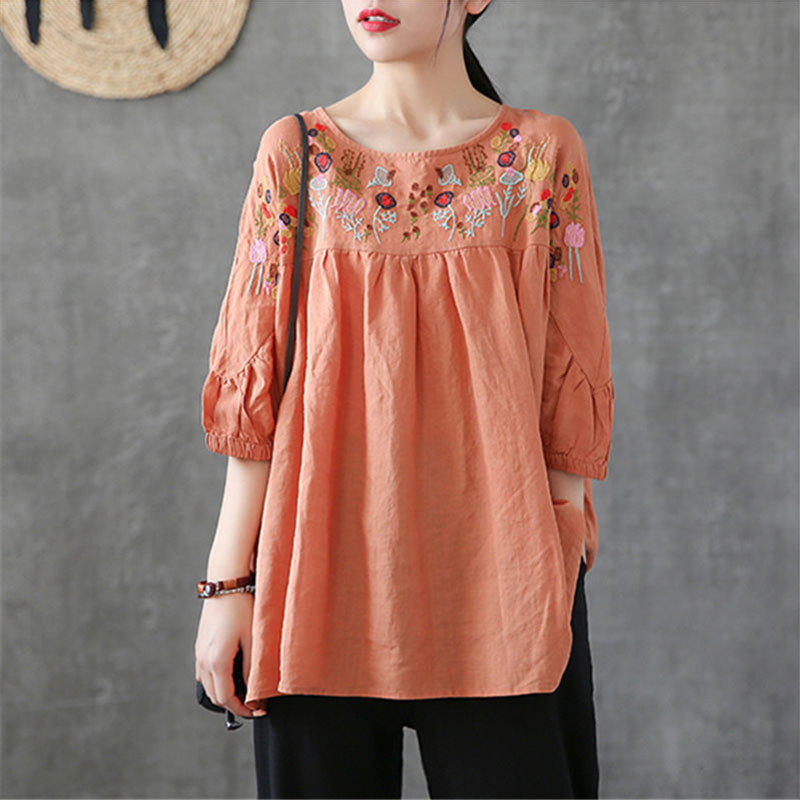 Summer Cotton Linen Tops Plus Size Floral Embroidery Vintage Loose Casual Tshirt Lady O-neck Short Sleeve Tee Shirt P13 210512