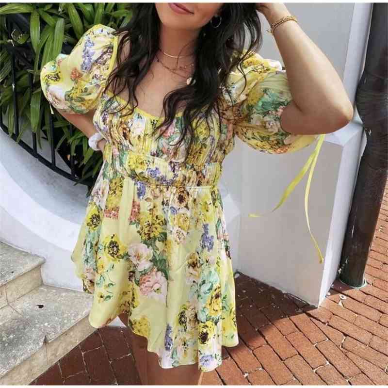 Summer Retro Lacing up Ribbon wood ears Square Collar Short Dress White Puff Sleeve Women Elastic Ruched Holiday Dresses 210429
